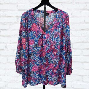 JNY Jones New York 3X Blue Pink Floral V Neck Blouse
